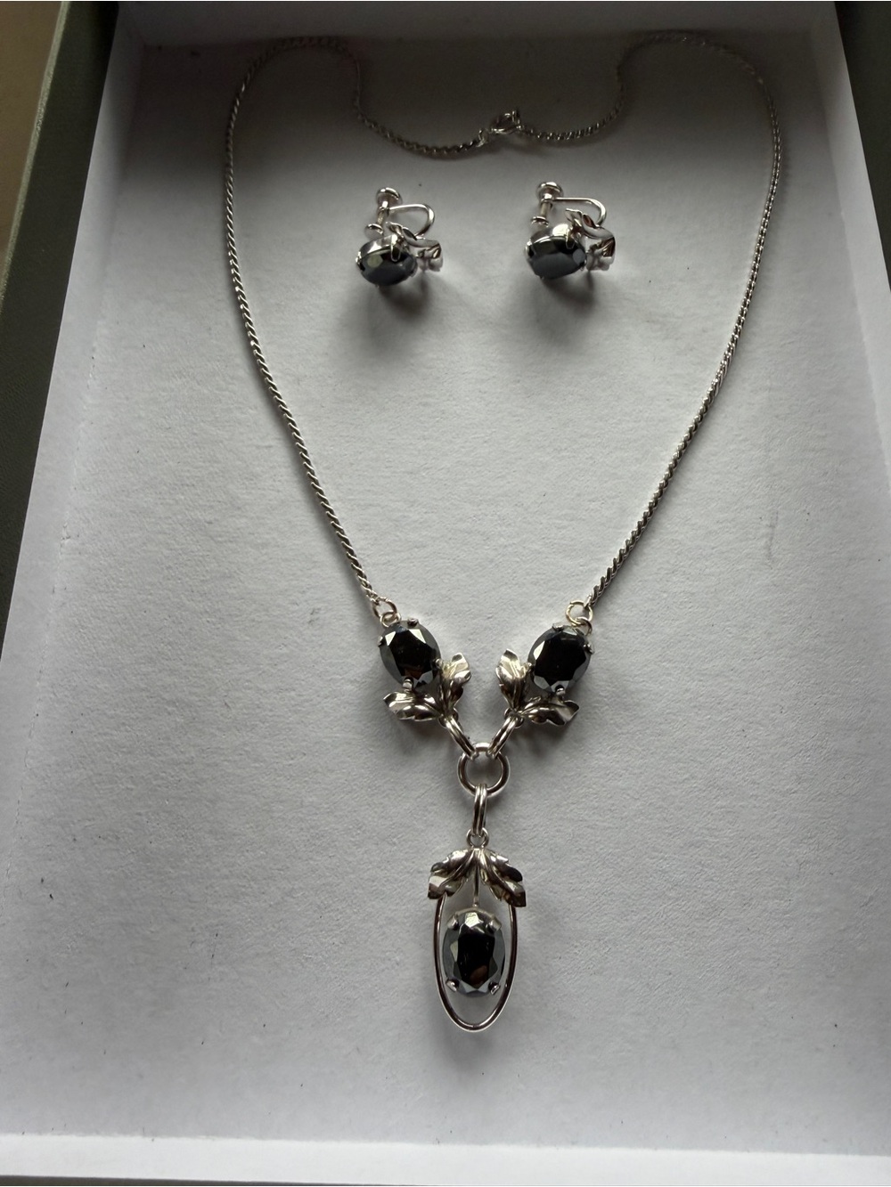 Vintage Van Dell Sterling Silver Hematite Necklace & Clip Earrings Set 16”
